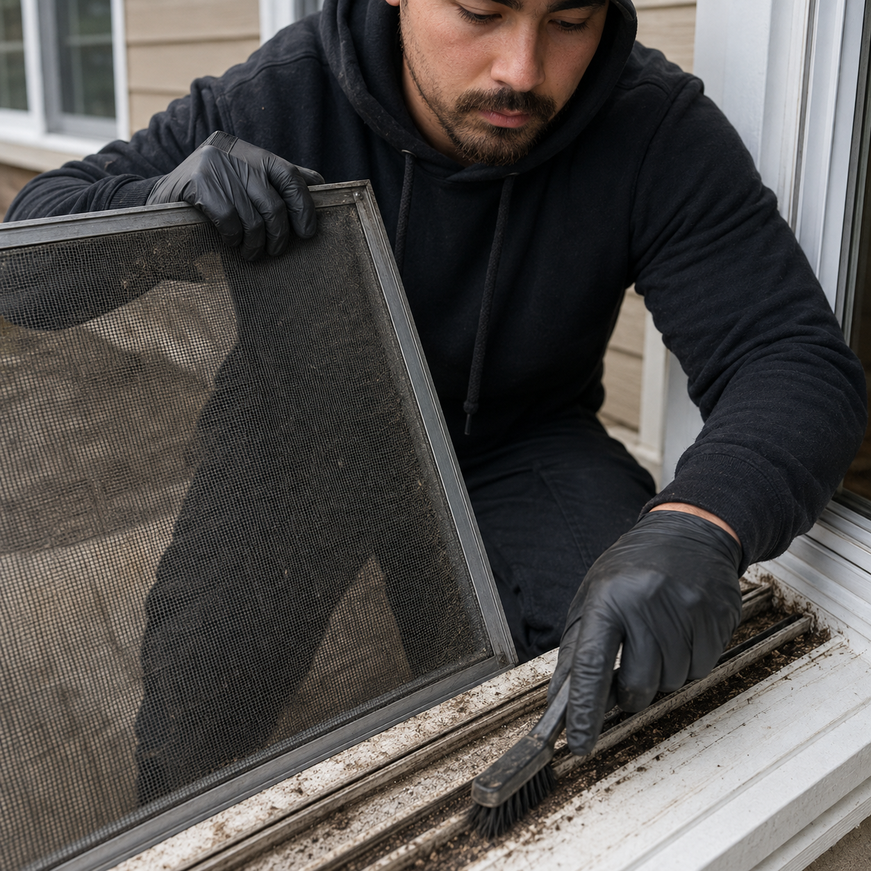 Window screen track and sill cleaning
